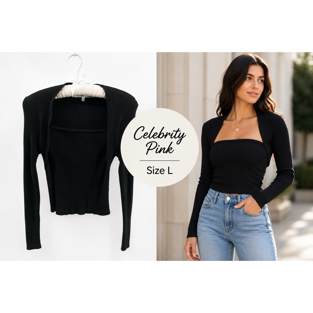 Celebrity Pink Ribbed Shrug Top Womens Large Black Long Sleeve 2-in-1 Cropped